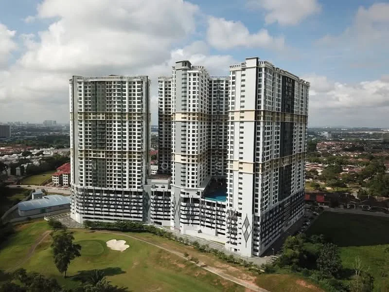 Exterior type: high-rise condominium; features: glass curtain wall, white painted facade, recessed balconies, multiple storeys, swimming pool visible on the deck, landscaped grounds, surrounded by greenery, gated entry, parking area visible, urban context with city skyline in background; style: modern.