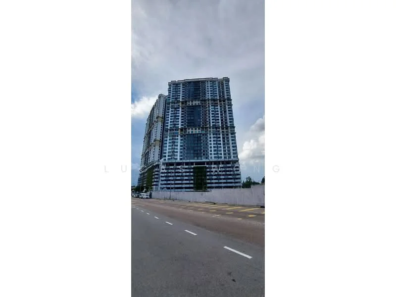 Exterior type: high-rise condominium; features: glass curtain wall, projecting balconies, multiple storeys, concrete facade, modern architectural design, surrounded by road, urban context; style: modern.