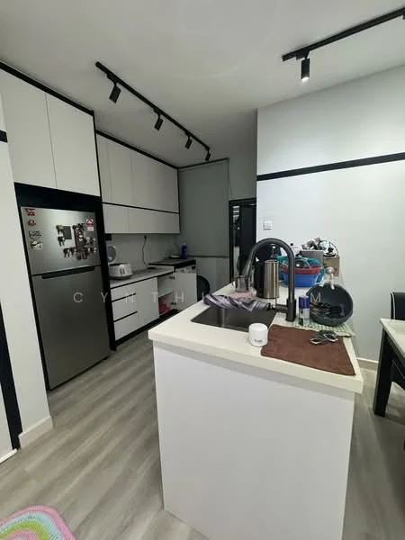 Kitchen features: white cabinetry with flat-panel doors, stainless-steel fridge, built-in microwave, single-bowl stainless-steel sink, chrome pull-down faucet, white countertop, open shelving, kitchen island with seating, track lighting, grey accent wall, vinyl plank flooring; style: modern.