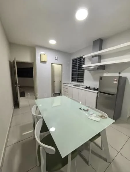 Kitchen features: white cabinetry, stainless-steel refrigerator, 4-burner gas hob, built-in oven, white countertop, open shelving, tile flooring, recessed downlights, window with horizontal blinds, dining table with glass top, 4 white chairs; style: modern.