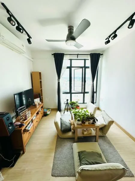 Living features: 3-seater fabric sofa in beige, 2-seater fabric sofa in beige, coffee table, TV console, wall-mounted TV, area rug with geometric pattern, 5-blade ceiling fan with light, floor-to-ceiling windows, blackout curtains, decorative plants on table, wooden flooring, recessed downlights; style: modern; view: city.