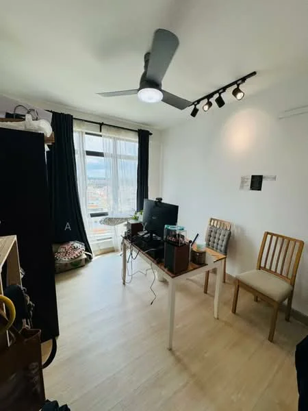 Study features: light wood flooring, white painted walls, 5-blade ceiling fan with integrated LED light, floor-to-ceiling window with sheer curtains, desk with computer, two wooden chairs, black wardrobe, track lighting, decorative wall art; style: modern; view: city.