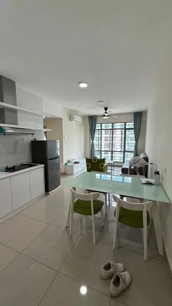 Dining features: glass dining table, 2 green upholstered dining chairs, white cabinetry, black fridge, built-in gas stove, white tiled flooring, ceiling fan with light, floor-to-ceiling windows, curtains, open layout; style: modern; view: city. Living features: sofa, TV console, decorative items, light-colored walls; style: modern; view: city.