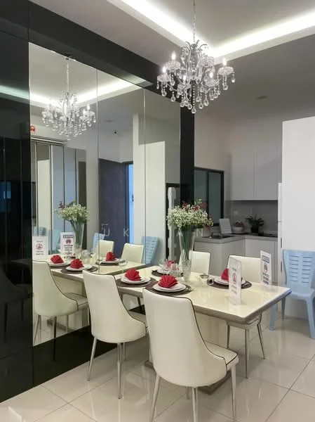 Dining features: white dining table, 6 white upholstered dining chairs, red napkins, chandelier with crystals, mirrored wall, vase with flowers, decorative table setting, glossy tile flooring, recessed ceiling lights; style: modern. Kitchen features: white cabinetry, black countertop, kitchen appliances visible, open layout to dining area; style: modern.
