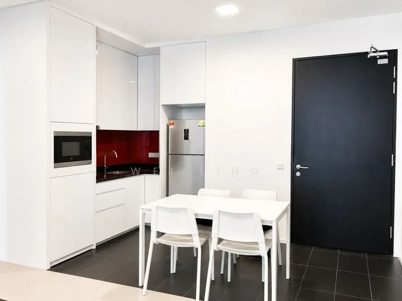 Kitchen features: white high-gloss cabinetry, red glass backsplash, built-in microwave, stainless-steel fridge, stainless-steel built-in oven, 4-burner gas hob, single-bowl stainless-steel sink, chrome pull-down faucet, black countertop, black tiled flooring, white dining table, 4 white plastic dining chairs; style: modern.