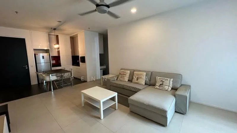 Living features: 3-seater fabric sofa in light grey, coffee table in white, ceiling fan, wall-mounted TV, tile flooring, white painted walls, decorative cushions, open layout to kitchen, recessed lighting; style: modern. Kitchen features: stainless-steel fridge, built-in oven, white cabinetry, black countertop, kitchen island with seating, pendant lighting, ceramic tile backsplash; style: modern.
