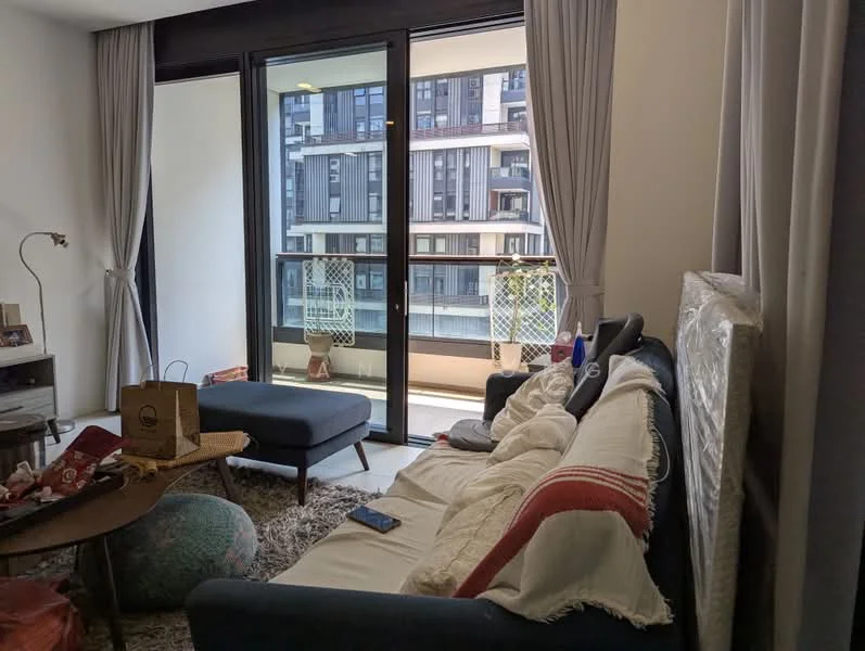 Living features: sofa in dark blue fabric, coffee table, area rug with shaggy texture, floor-to-ceiling windows, curtains in light grey, decorative cushions, side table, potted plant, view of balcony, wall-mounted lamp; style: modern; view: city.