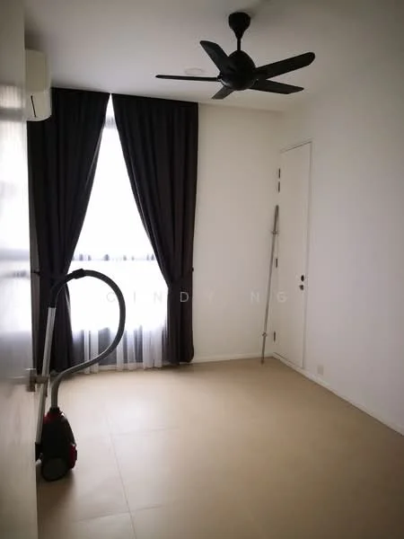 Room features: white painted walls, light-colored tile flooring, 5-blade ceiling fan, floor-to-ceiling window, blackout curtains, door with handle, vacuum cleaner, wall-mounted air conditioning unit; style: minimalist.