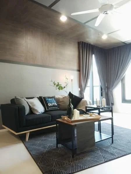 Living features: 3-seater fabric sofa in dark grey, decorative throw pillows, wooden coffee table, black metal side tables, area rug with geometric pattern, floor-to-ceiling windows, sheer curtains, dark grey drapes, recessed downlights, ceiling fan, wood panelled accent wall, decorative wall sconce, vase with flowers; style: modern.