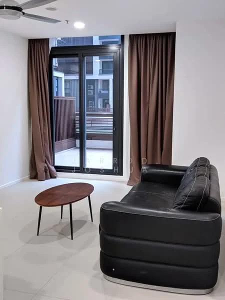 Living features: black leather sofa, round wooden coffee table, floor-to-ceiling windows, brown curtains, white painted walls, light-colored tiled flooring, ceiling fan, balcony access; style: modern.