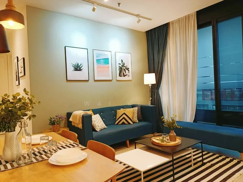 Living features: blue fabric sofa, striped area rug, wooden coffee table, floor lamp, framed artwork on walls, decorative cushions, large windows with sheer curtains, greenery in vase; style: modern. Dining features: wooden dining table, 4 wooden chairs, white plates, glass bottle, greenery in vase, striped table runner; style: modern.