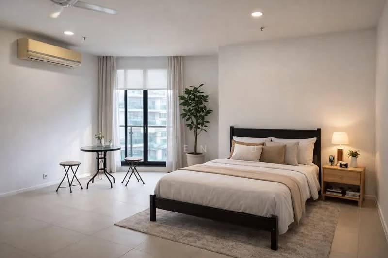 Bedroom features: king-size bed with white bedding, upholstered headboard, bedside lamp on nightstand, wooden nightstand, floor-to-ceiling window, sheer curtains, air conditioning unit, decorative plant in pot, small round dining table, two wooden stools, area rug, light-colored walls, tile flooring; style: modern; view: city.