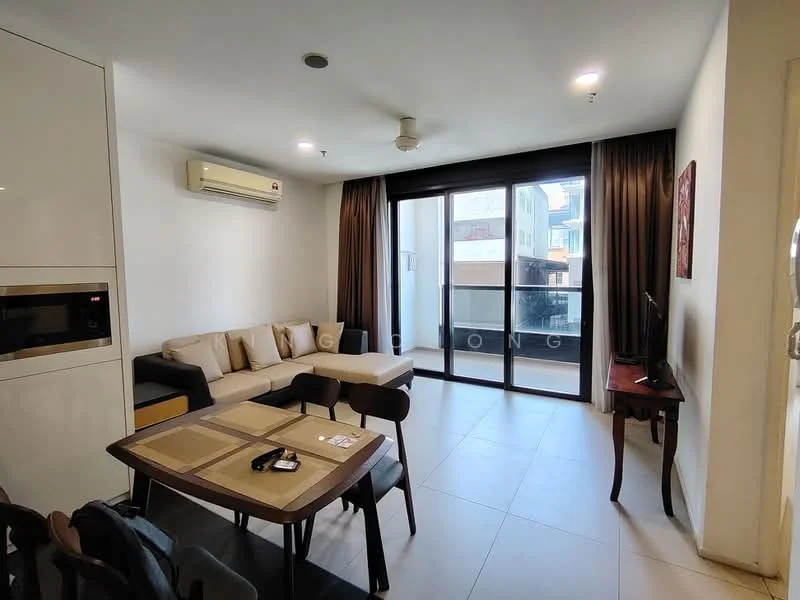 Living features: 3-seater fabric sofa in beige, coffee table, wall-mounted TV, floor-to-ceiling sliding glass door, curtains in dark brown, ceiling fan, recessed downlights, air conditioning unit, light-colored tiled flooring, decorative wall art; style: modern. Room features: dining table with 4 chairs, built-in cabinetry, microwave, kitchenette area.