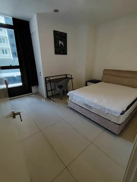 Bedroom features: queen-size bed, beige upholstered headboard, white painted walls, large window with black curtains, tile flooring, small study desk, chair, decorative wall art; style: modern.