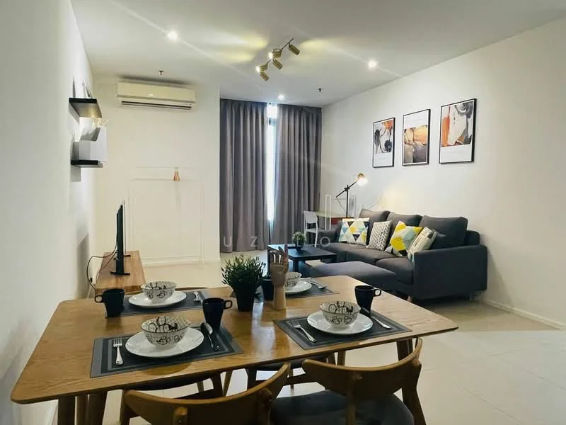 Living features: grey fabric sofa, decorative cushions with geometric patterns, wooden dining table, 4 wooden dining chairs, black TV console, wall-mounted TV, recessed LED downlights, floor-to-ceiling windows with sheer curtains, light grey walls, cream tiled flooring, decorative wall art in frames, indoor plant in ceramic pot; style: modern.
