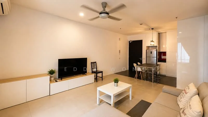 Living features: light grey sofa, white coffee table, black TV console, wall-mounted TV, 1 wall-mounted split AC, 5-blade ceiling fan with light, pendant light, cream painted walls, tile flooring, open-plan layout to kitchen, decorative plant on coffee table, wooden dining table with 4 chairs; style: modern.