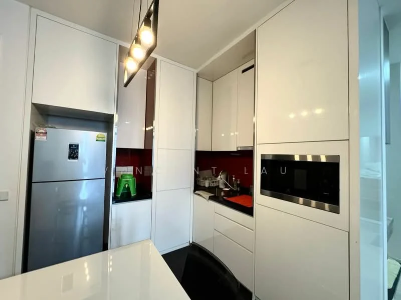 Kitchen features: white cabinetry, black countertop, stainless-steel fridge, built-in microwave, stainless-steel oven, red backsplash, kitchen sink, modern pendant lighting, glass cabinet doors, integrated dishwasher; style: modern.