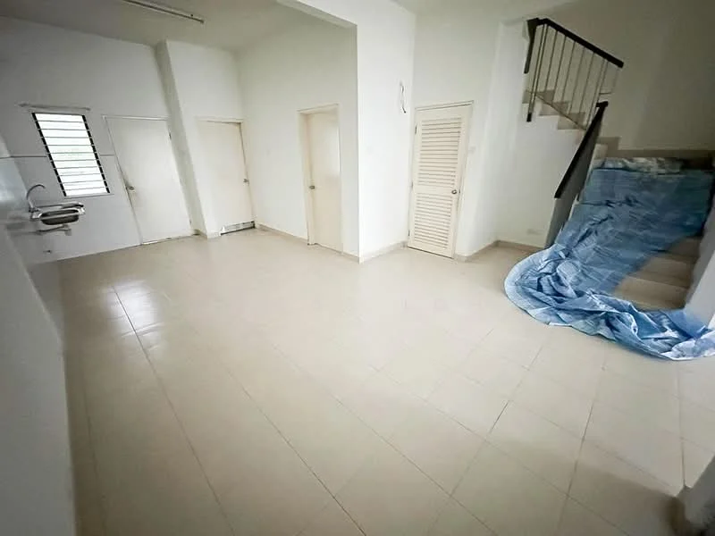 Room features: white painted walls, tile flooring, staircase with railing, single-bowl stainless-steel sink, multiple doors, large windows, blue tarp on floor.