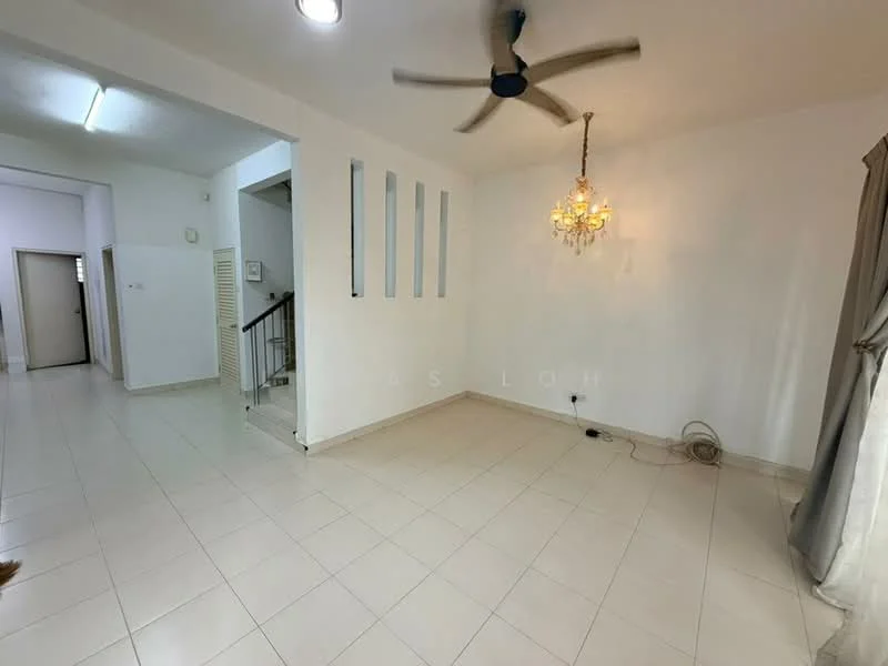 Living features: white painted walls, tile flooring, 5-blade ceiling fan, chandelier, large windows with sheer curtains, neutral color scheme, open layout, staircase leading to upper floor; style: modern.