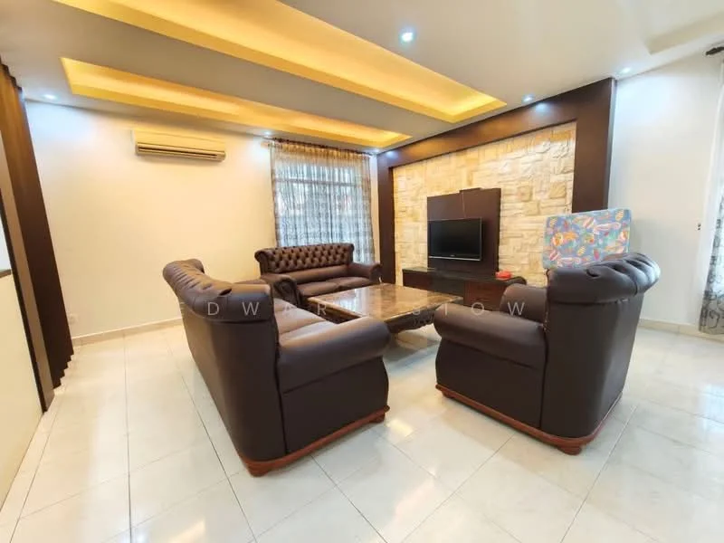Living features: brown leather chesterfield sofa, 2-seater brown leather sofa, glass coffee table, stone feature wall, TV mounted on wall, recessed ceiling lights, tray ceiling, curtains with sheer fabric, air conditioning unit, white tiled flooring; style: modern.