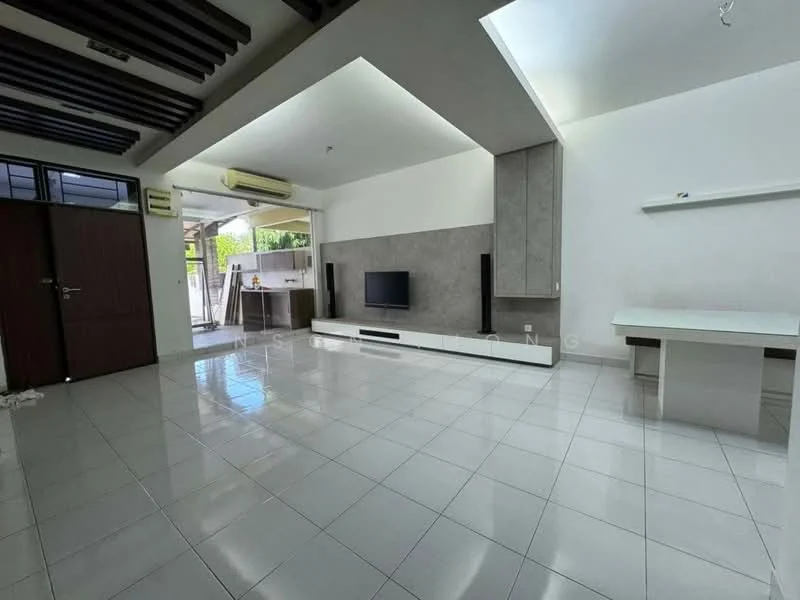 Living features: white painted walls, grey accent wall, polished ceramic tile flooring, exposed wooden beams on ceiling, recessed downlights, wall-mounted TV, TV console, large windows for natural light, air conditioning unit, open layout, dining table area, sliding glass door to outdoor space; style: modern; view: garden.
