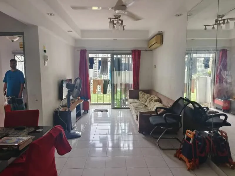 Living features: white painted walls, glossy tile flooring, 5-blade ceiling fan with light, sofa with fabric upholstery, coffee table, TV console, wall-mounted TV, sliding glass door, sheer curtains, balcony view, decorative mirror, area rug, floor-to-ceiling windows; style: modern; view: city.