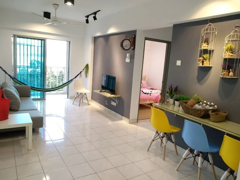 Living features: 3-seater fabric sofa in light grey, white coffee table, wall-mounted TV, ceiling fan with light, recessed downlights, hammock, white tiled flooring, decorative wall with grey paint, decorative plants in cages, dining table with yellow and blue chairs, open balcony view; style: modern; view: garden. Room features: pink bedding visible in background, wooden door, light-colored wall.