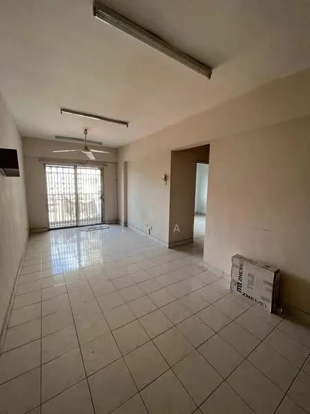 Living features: white painted walls, glossy ceramic tile flooring, 5-blade ceiling fan, sliding glass door, floor-to-ceiling windows, natural light from windows, neutral color scheme, open layout; style: modern; view: city. Room features: white painted walls, glossy ceramic tile flooring, neutral color scheme, doorway leading to another room.