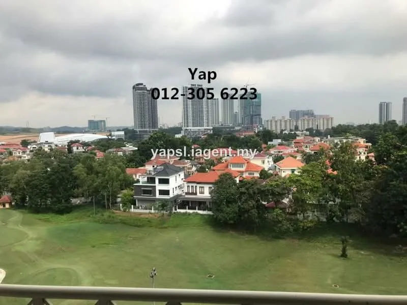 Exterior features: city skyline, green landscape, residential houses, high-rise buildings, golf course view, mature trees, manicured lawn; style: modern.