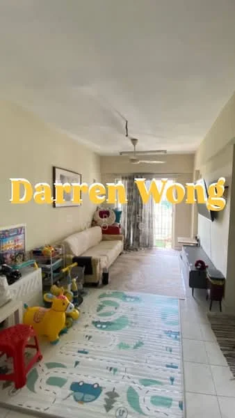 Living features: white painted walls, ceramic tile flooring, 5-blade ceiling fan, sofa in cream color, TV console, wall-mounted TV, area rug with playful design, decorative curtains, children's toys, sliding glass door leading to balcony, coffee table; style: modern; view: garden.