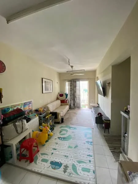 Living features: cream painted walls, white tiled flooring, 5-blade ceiling fan, sofa against the wall, wall-mounted TV, large window with sheer curtains, decorative artwork on the wall, children's play mat, colorful children's toys, red plastic chair, open layout to balcony, carpeted area; style: modern; view: garden.