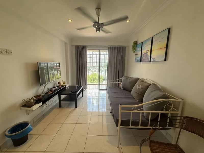 Living features: 3-seater fabric sofa in grey, wall-mounted TV, TV console, ceiling fan with light, white painted walls, tile flooring, sliding glass door, curtains, decorative wall art, coffee table, area rug; style: modern; view: garden.