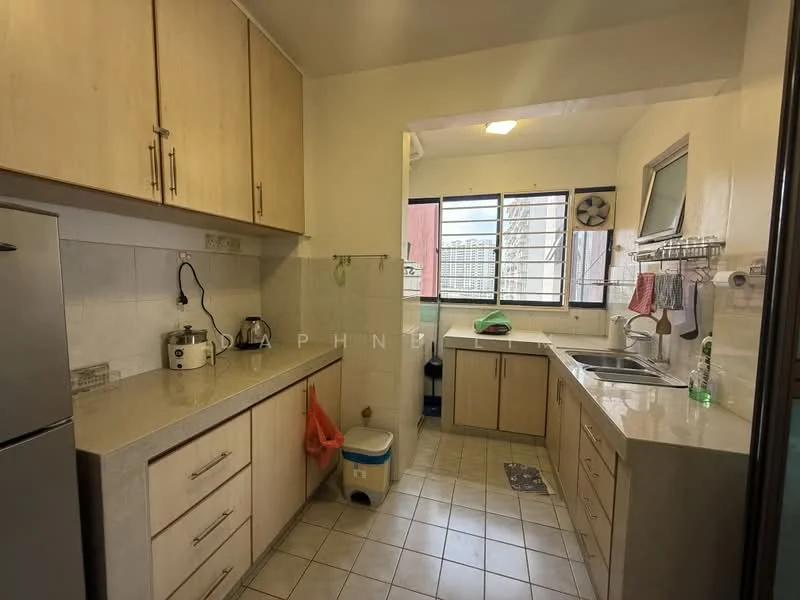 Kitchen features: light wood cabinetry, grey countertop, stainless-steel fridge, built-in sink, chrome pull-down faucet, window with city view, tile flooring, kettle, dish soap, wall-mounted storage rack, microwave, stainless-steel kettle, floor-to-ceiling cabinets; style: modern; view: city.