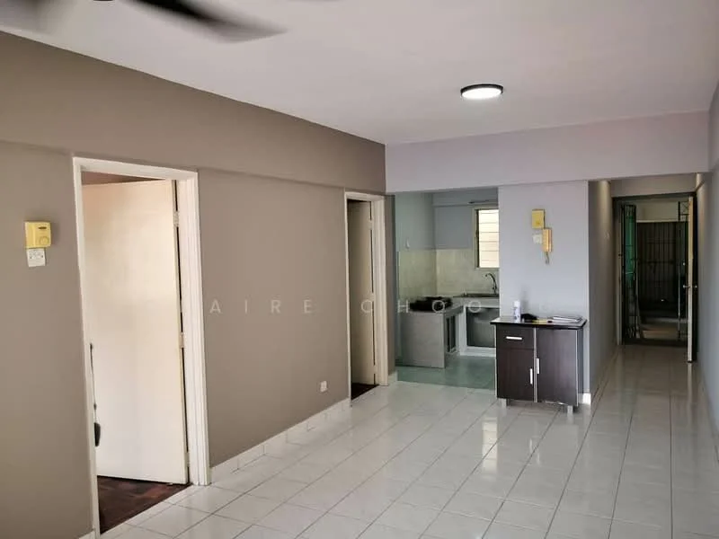 Room features: white tiled flooring, cream painted walls, grey accent wall, recessed ceiling lights, ceiling fan, doorway leading to bathroom, doorway leading to another room, built-in cabinet, window with natural light; style: modern.