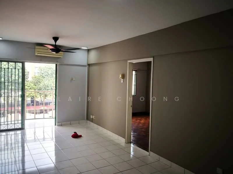 Living features: white painted walls, tile flooring, 5-blade ceiling fan, wall-mounted split AC, sliding glass door, floor-to-ceiling windows, natural light from windows, access to balcony, neutral color scheme; style: modern; view: garden. Room features: doorway leading to another room, wooden flooring visible in adjacent room.