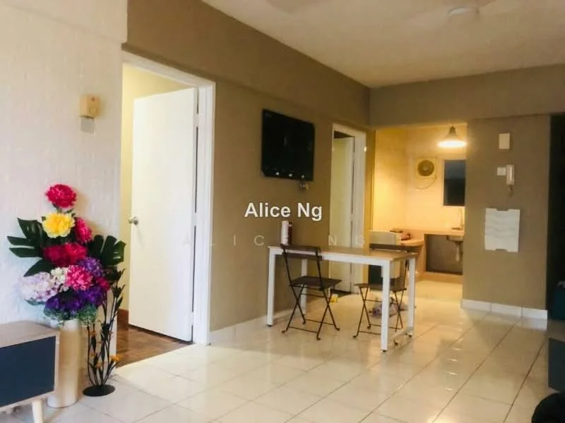 Room features: white painted walls, tile flooring, recessed downlights, wall-mounted TV, dining table with chairs, decorative flowers, open doorway to kitchen, light fixture, doorway to another room; style: modern.