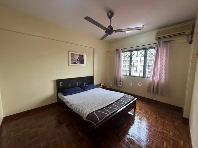 Bedroom features: queen-size bed, wooden flooring, white painted walls, ceiling fan, window with view, curtains, air conditioning unit, framed artwork; view: city.