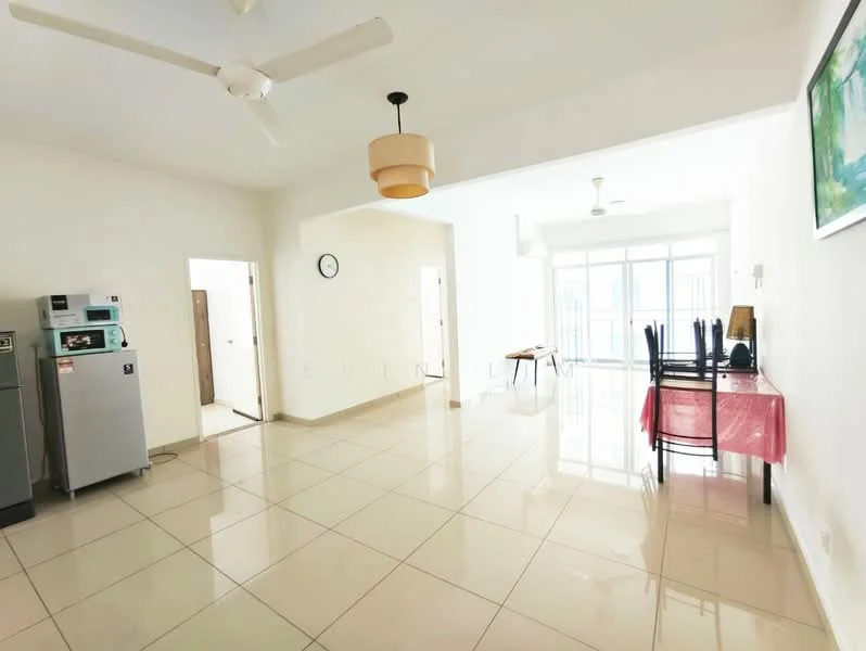 Living features: white painted walls, glossy ceramic tile flooring, 5-blade ceiling fan, pendant light, floor-to-ceiling windows, dining table with red tablecloth, black dining chairs, wall clock, refrigerator, door leading to hallway; style: modern.