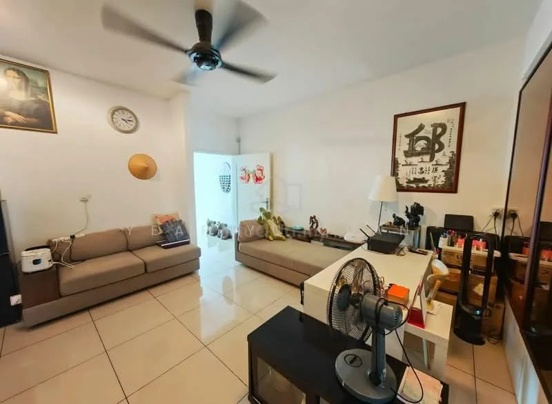 Living features: 2-seater fabric sofa in beige, 3-seater fabric sofa in beige, coffee table, wall-mounted TV, framed artwork on wall, clock on wall, ceiling fan, tile flooring, white painted walls, decorative mirror, open shelving unit, floor lamp; style: modern.