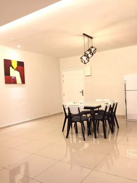 Dining features: white painted walls, glossy ceramic tile flooring, 6-seater dining table, black dining chairs, framed artwork on wall, refrigerator, modern pendant light fixture, recessed ceiling lights, door leading to hallway; style: modern.