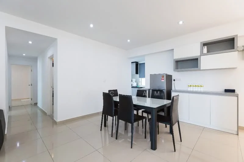 Dining features: 6-seater dining table, black dining chairs, white cabinetry, grey countertop, stainless-steel fridge, tile flooring, recessed downlights, white painted walls; style: modern. Room features: white painted walls, tile flooring, recessed downlights.