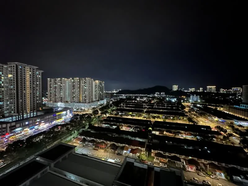 Exterior type: high-rise condominium; features: night view of city skyline, multiple high-rise buildings, commercial area with shops, street view with parked cars, surrounding greenery, mountain view in background; style: modern.