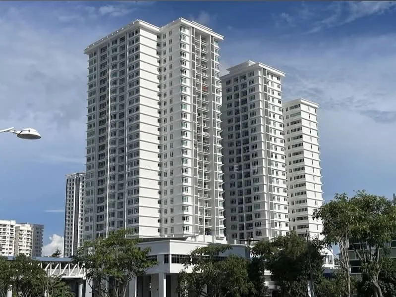 Exterior type: high-rise condominium; features: white painted facade, glass windows, multiple balconies, approximately 20-storey high-rise, surrounded by greenery, modern architectural design; style: modern.