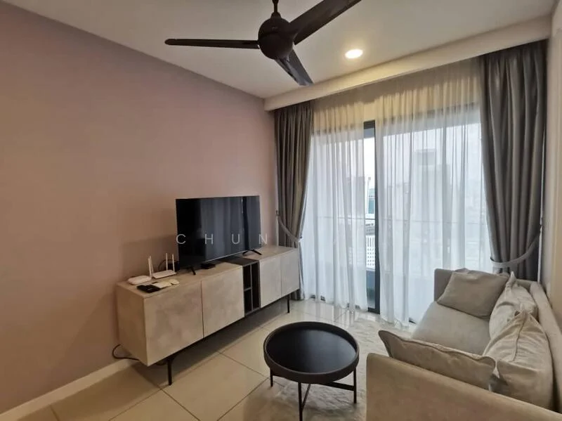 Living features: light grey fabric sofa, black coffee table, wall-mounted TV, TV console with storage, 5-blade ceiling fan with light, floor-to-ceiling windows, sheer curtains, blackout curtains, cream tiled flooring, accent wall in light mauve, decorative rug; style: modern; view: city.