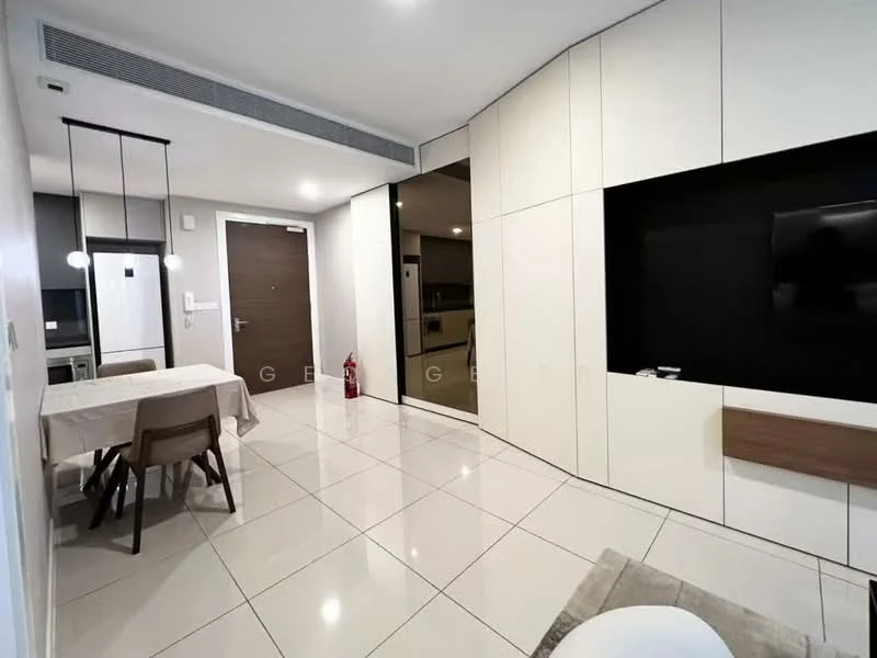 Living features: white painted walls, glossy tile flooring, recessed downlights, wall-mounted TV, built-in cabinetry, dining table with 4 chairs, fire extinguisher, open-plan layout, sliding glass door, kitchenette visible in background; style: modern.