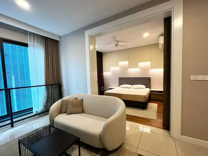 Living features: white fabric sofa, black coffee table, floor-to-ceiling windows, sheer curtains, tile flooring, recessed downlights, ceiling fan, neutral wall color; style: modern; view: city. Bedroom features: queen-size bed, upholstered headboard, wood flooring, recessed lighting, wall-mounted air conditioning unit, built-in wardrobe, nightstand, decorative wall paneling; style: modern.