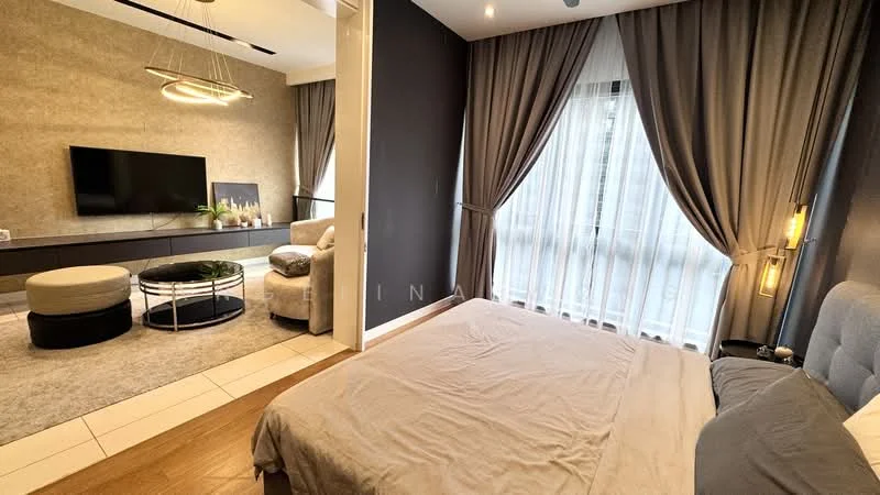 Bedroom features: king-size bed with grey upholstered headboard, floor-to-ceiling windows, sheer curtains, dark accent wall, light wood flooring, recessed downlights, decorative wall sconce, area rug with circular pattern; style: modern; view: city. Living features: wall-mounted TV, light grey sofa, coffee table, media console, area rug with circular pattern; style: modern; view: city.
