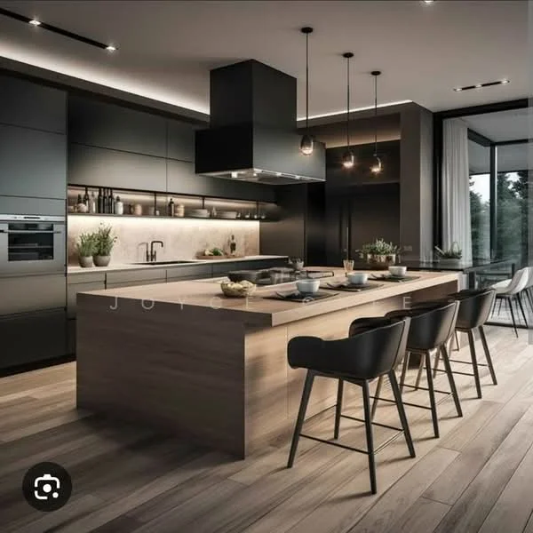 Kitchen features: island kitchen with wood countertop, black cabinetry, stainless-steel appliances, built-in oven, induction cooktop, black range hood, pendant lighting, bar stools, recessed downlights, backsplash with light-colored tiles, open shelving, large windows with garden view, wood plank flooring; style: modern; view: garden.