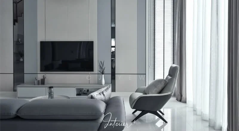 Living features: grey fabric sofa, black coffee table, wall-mounted flat-screen TV, white cabinetry, floor-to-ceiling windows, sheer curtains, blackout curtains, light grey accent chair, polished tile flooring, decorative plant, recessed downlights, minimalist decor; style: modern.