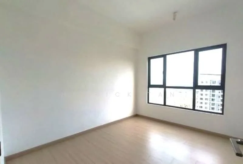 Room features: white painted walls, laminate flooring, large window with black frame, natural light, plain ceiling, no visible fixtures or furniture; style: minimalist; view: city.